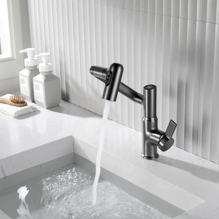 Gray Leiden faucet in a luxurious bathroom splashing water with different mode