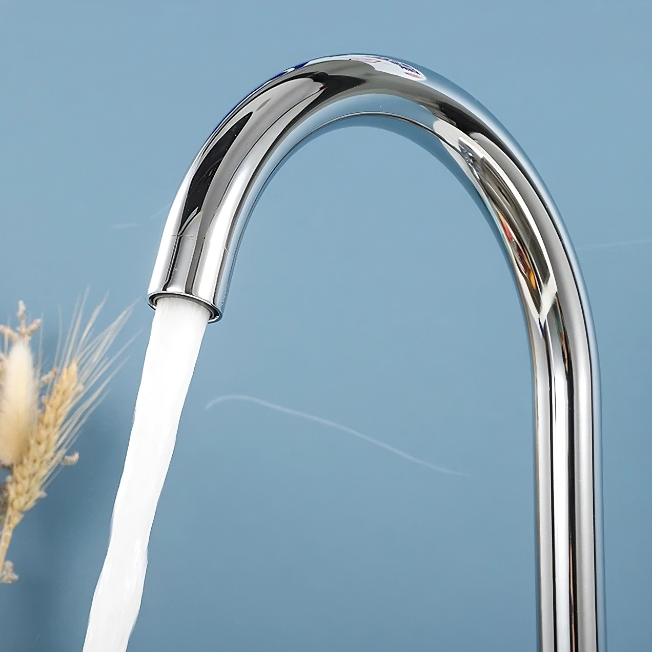 A kitchen faucet spout pouring water with internal aerator