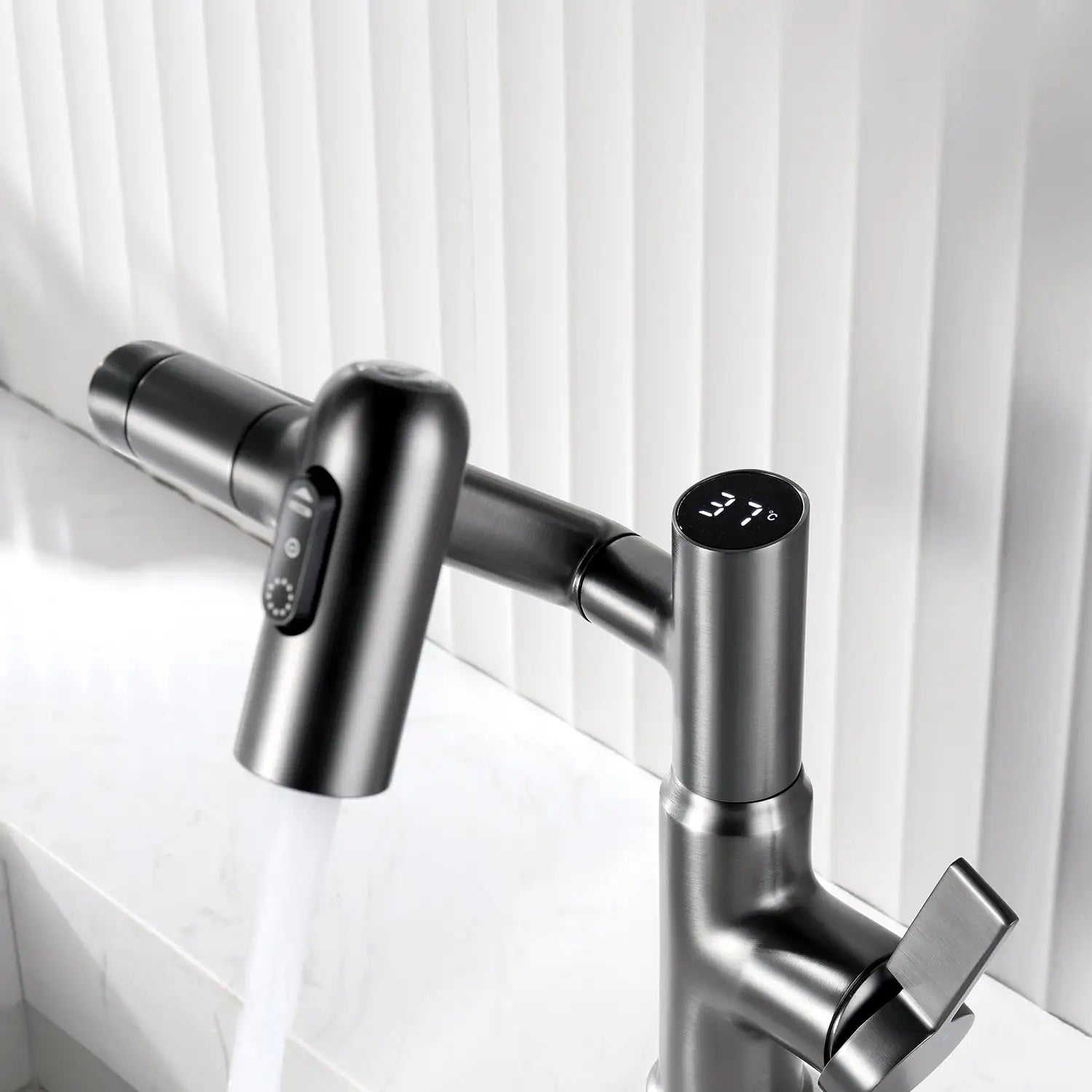 Gray Leiden Faucet displays temperature on a small screen