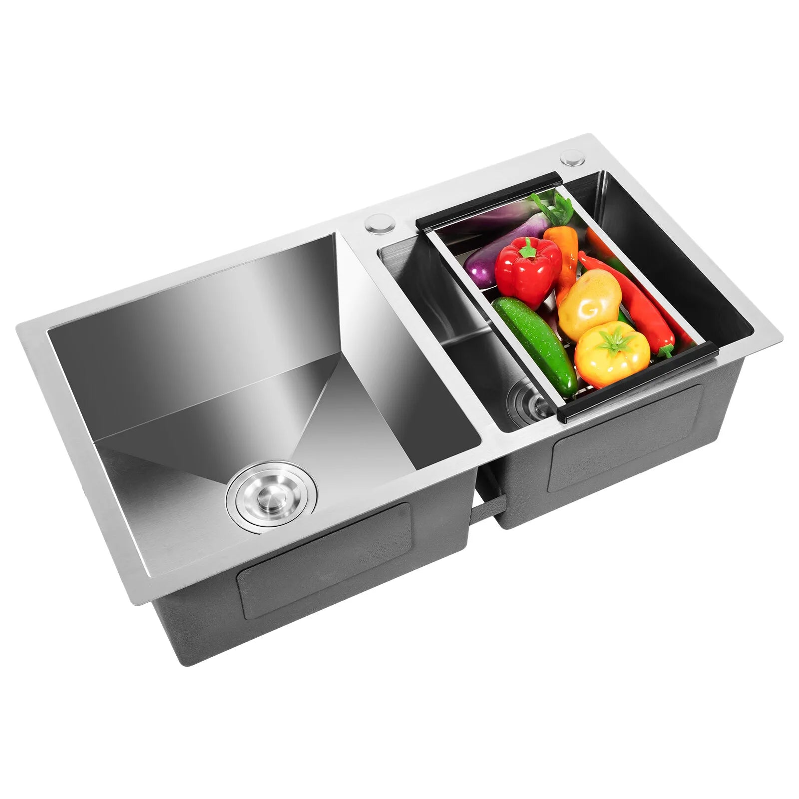 Strolberg - Drop-in Workstation Sink - Stainless Steel Double Bowl Kitchen Sink with Noise Reduction - Silver