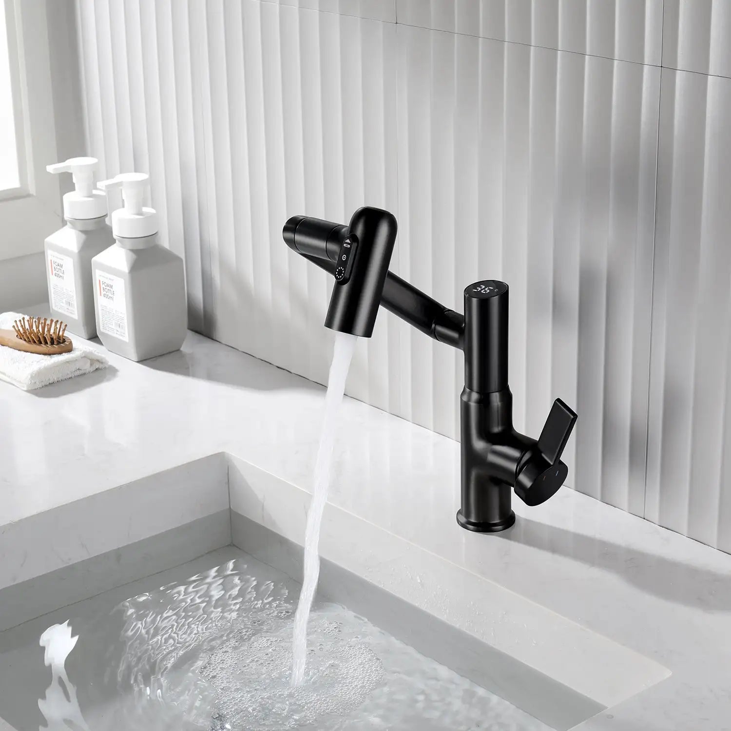 Black Leiden faucet splashing water in a luxurious bathroom