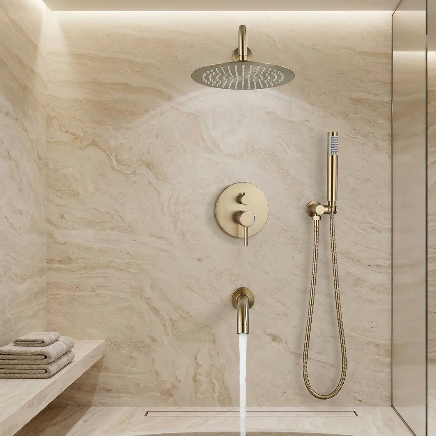 Odense -Brushed Gold Shower Faucet Wall Mounted Big Rainfall Head Hand Sprayer Set