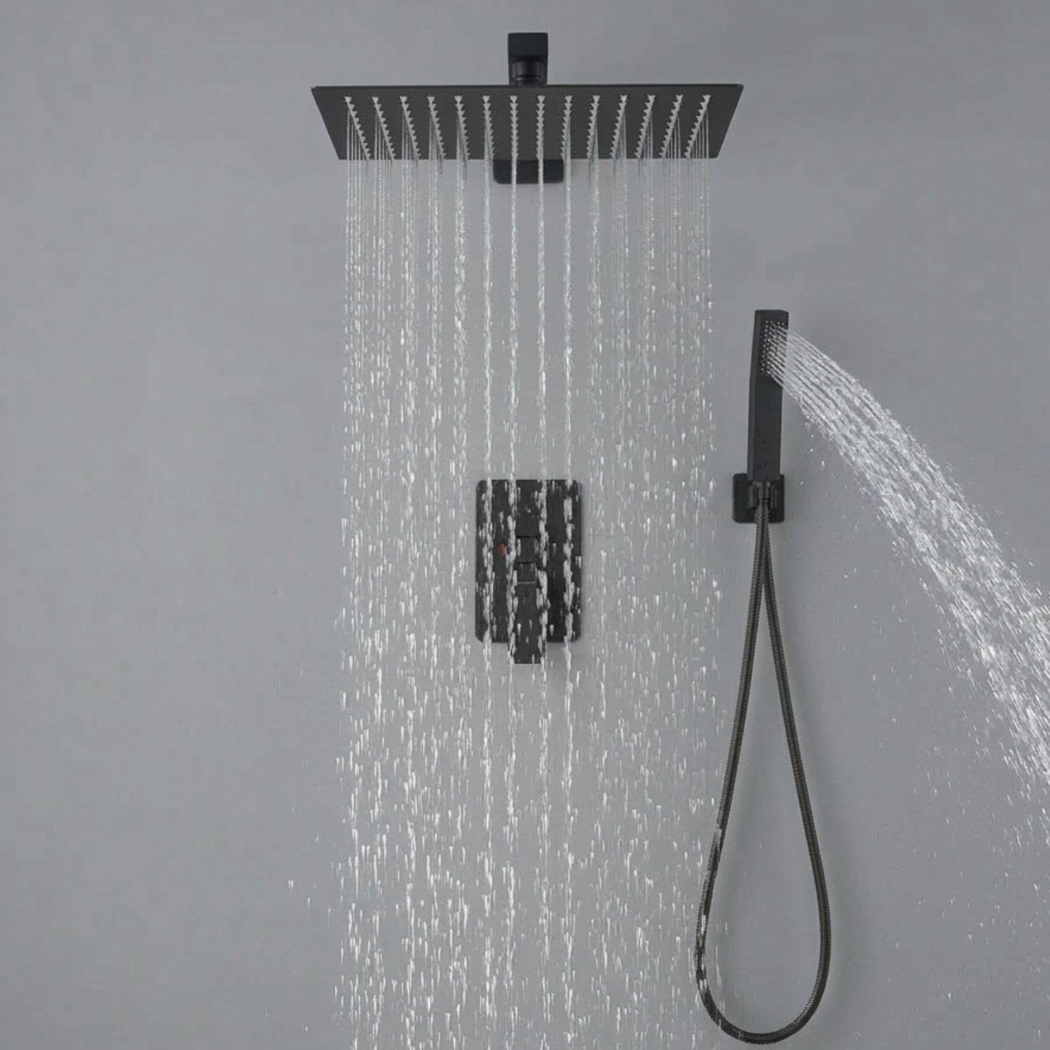 Vattern - Two-Way Matte Black Wall Mount Rainfall Shower Faucet Set with Concealed Waterfall Shower System and Tub Spout