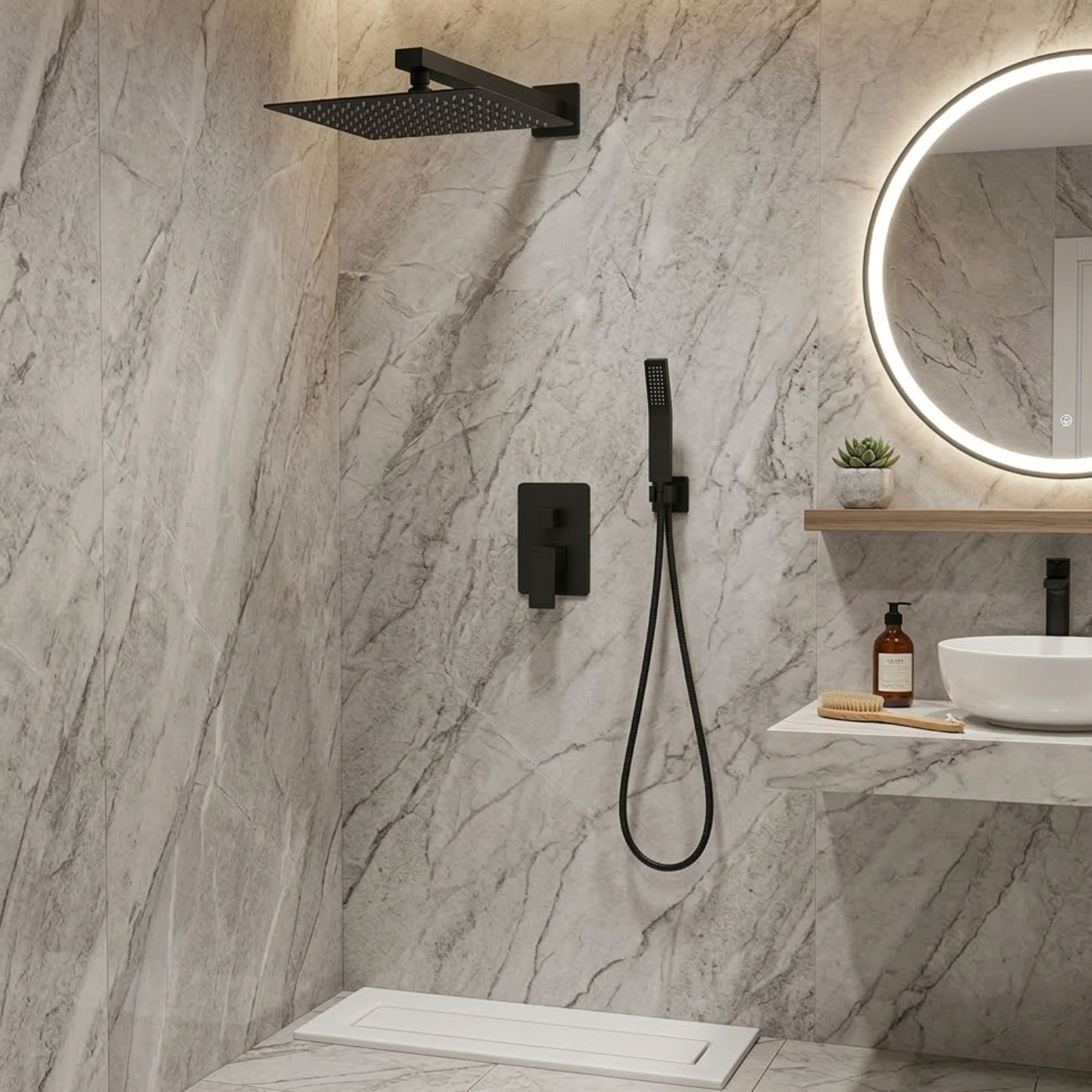 Vattern - Two-Way Matte Black Wall Mount Rainfall Shower Faucet Set with Concealed Waterfall Shower System and Tub Spout