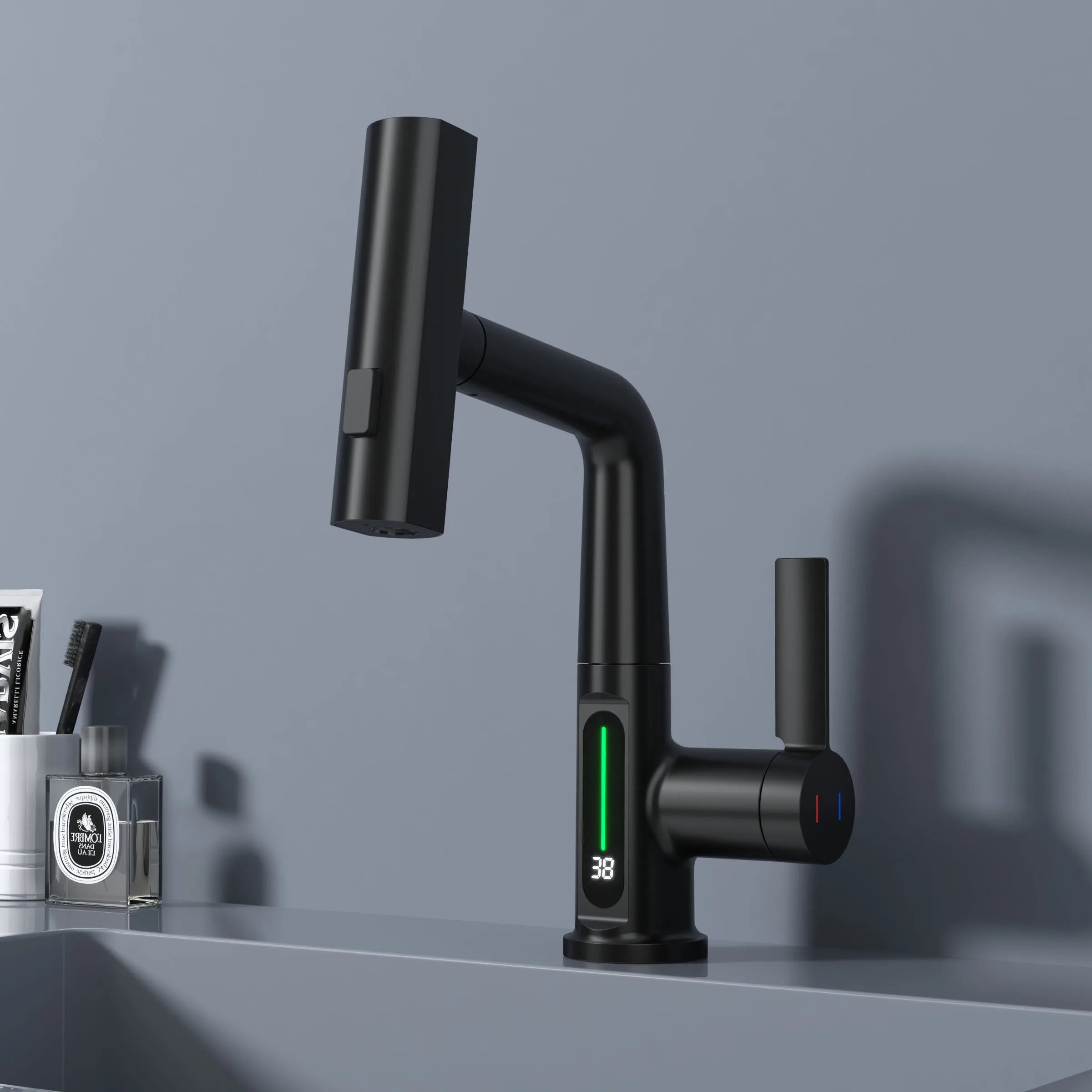 Black modern faucet that shows temperature in Fahrenheit