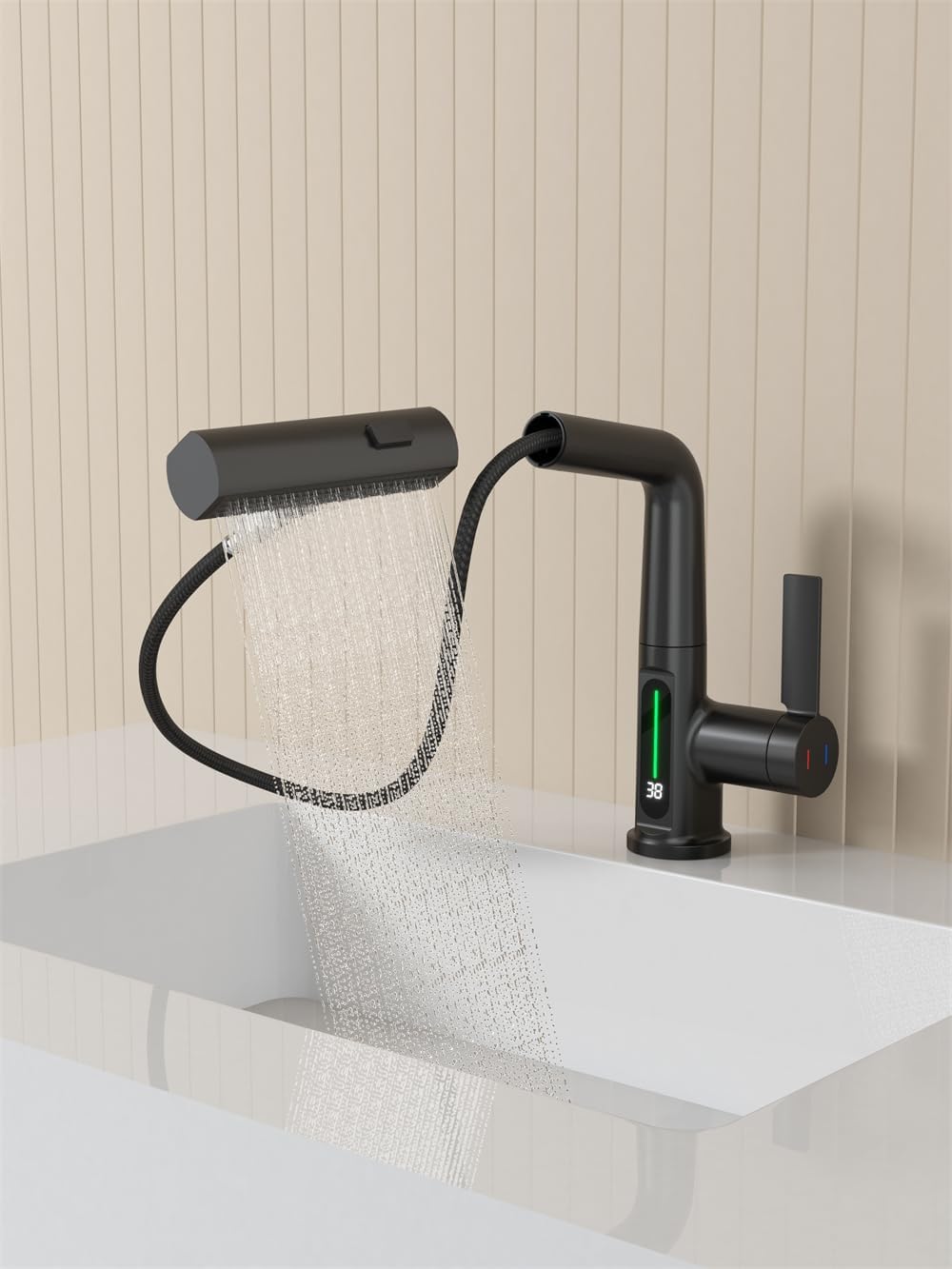 Pull-out spout with waterfall mode of a smart faucet with a screen