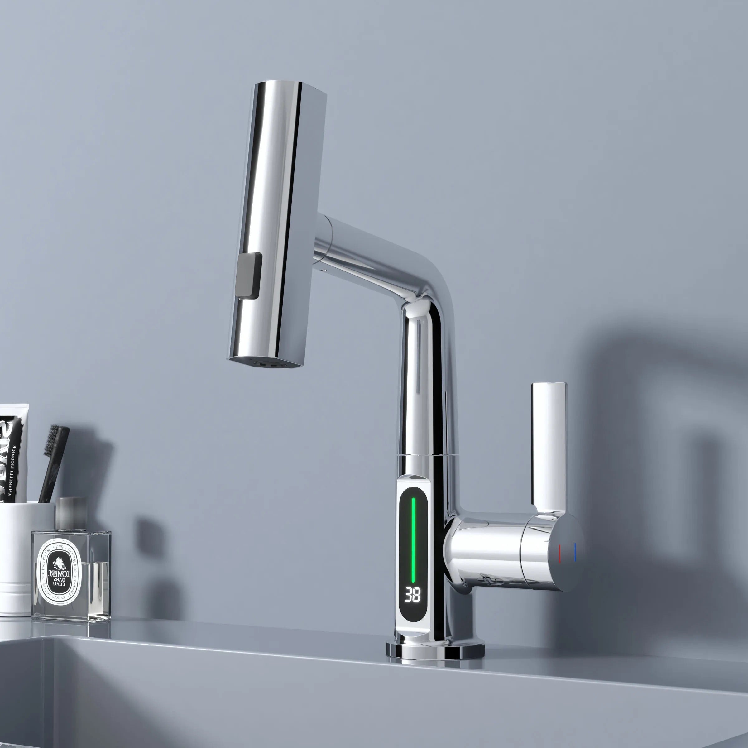 Chrome modern kitchen faucet with multiple modes and a temperature screen