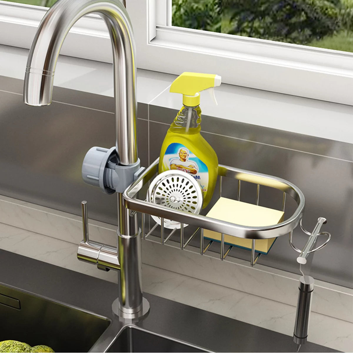 Faucet storage rack attached to a faucet