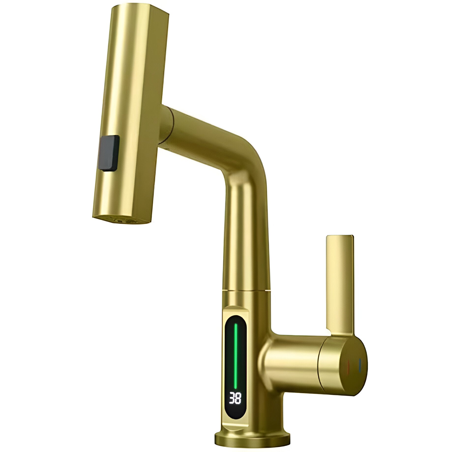 Golden modern smart kitchen faucet with a screen