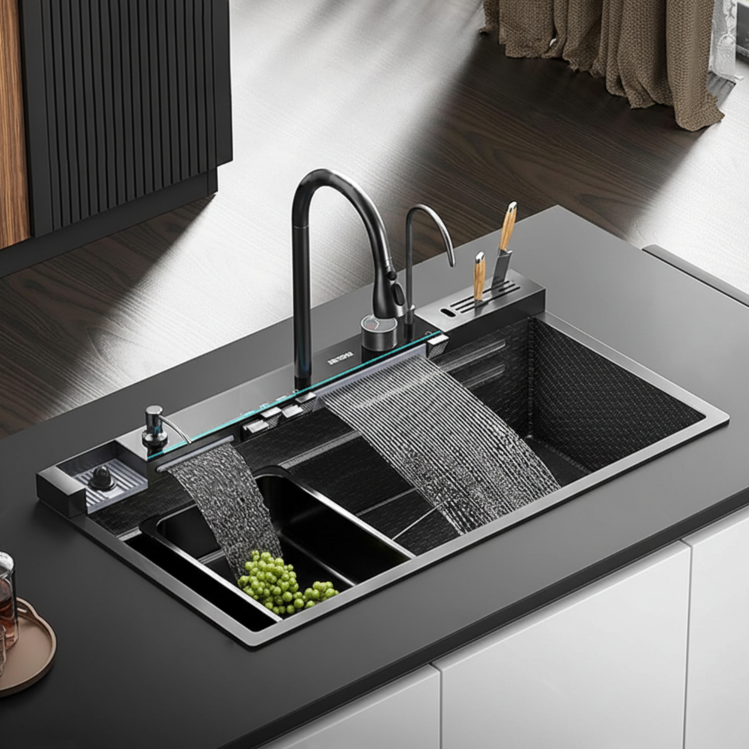 Modern kitchen with a double sink, faucet, and marble countertop.