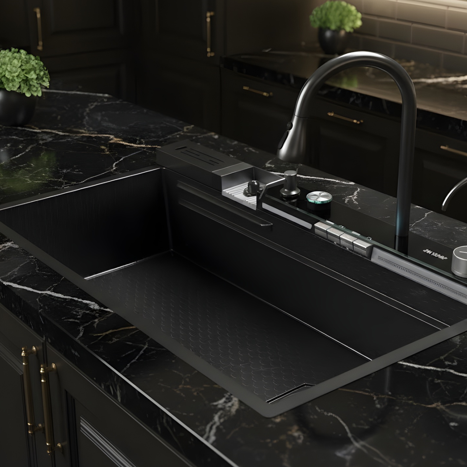 Modern kitchen with marble countertop, stainless steel sink, and dark cabinets.