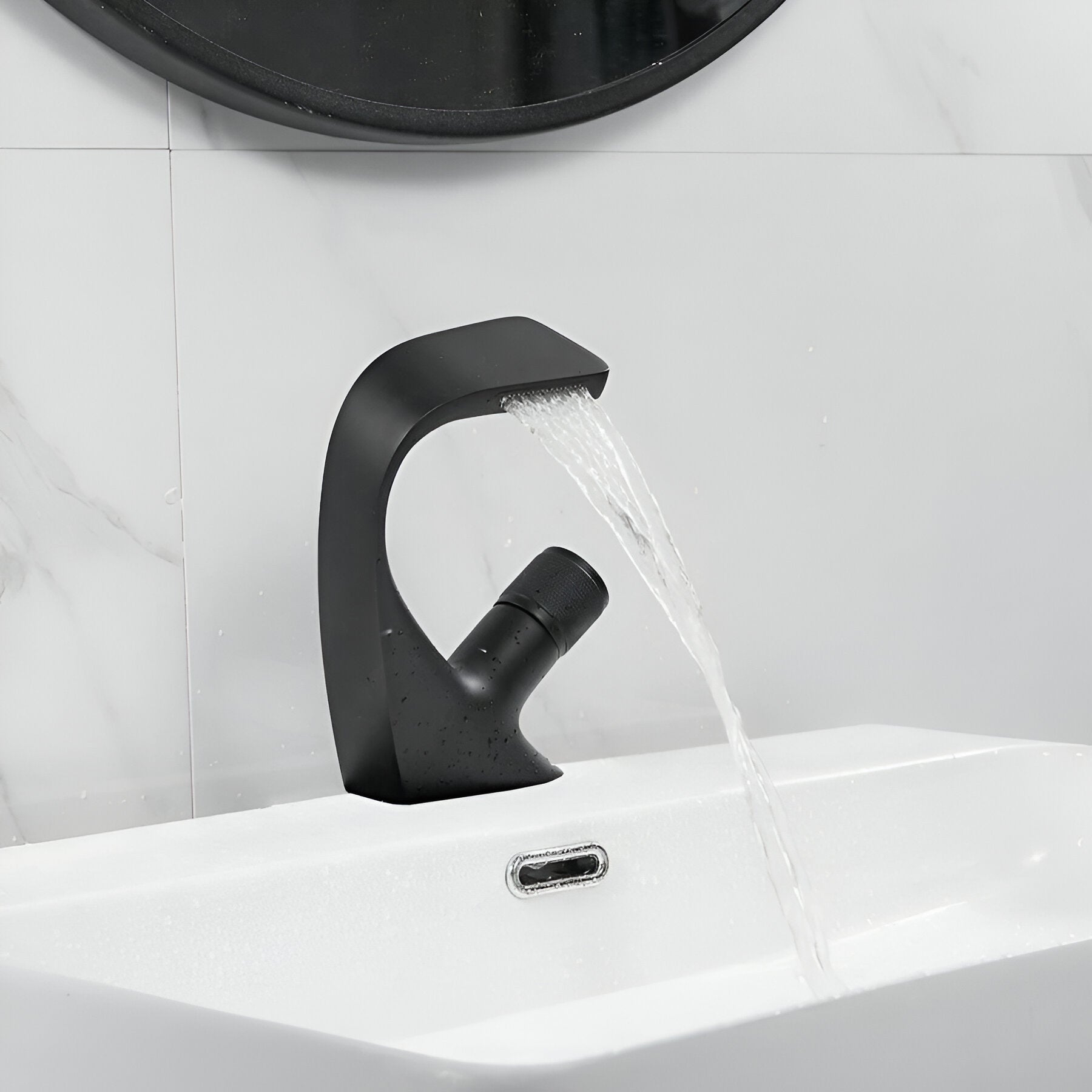 Black bathroom faucet pours water