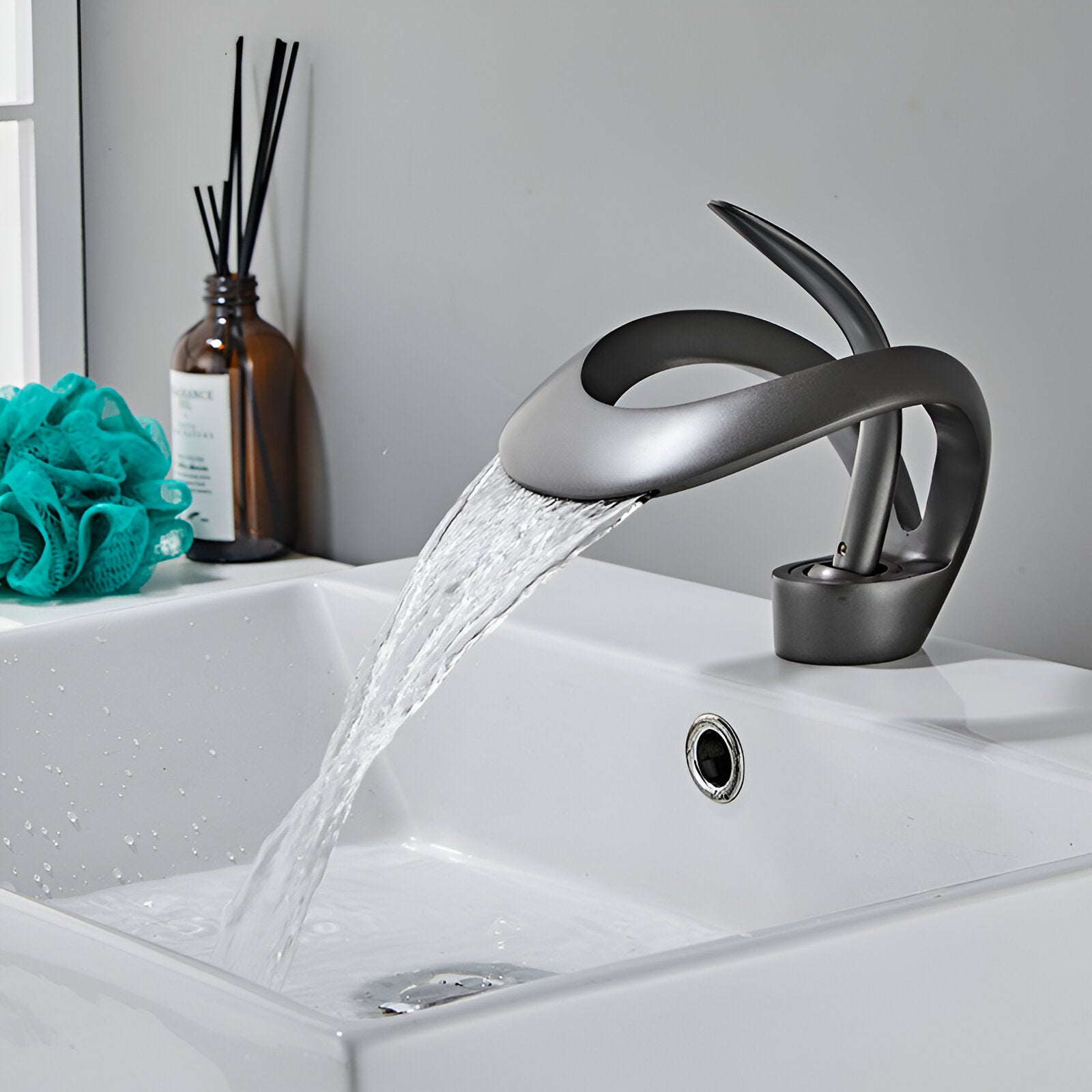 Gray luxury bathroom waterfall faucet