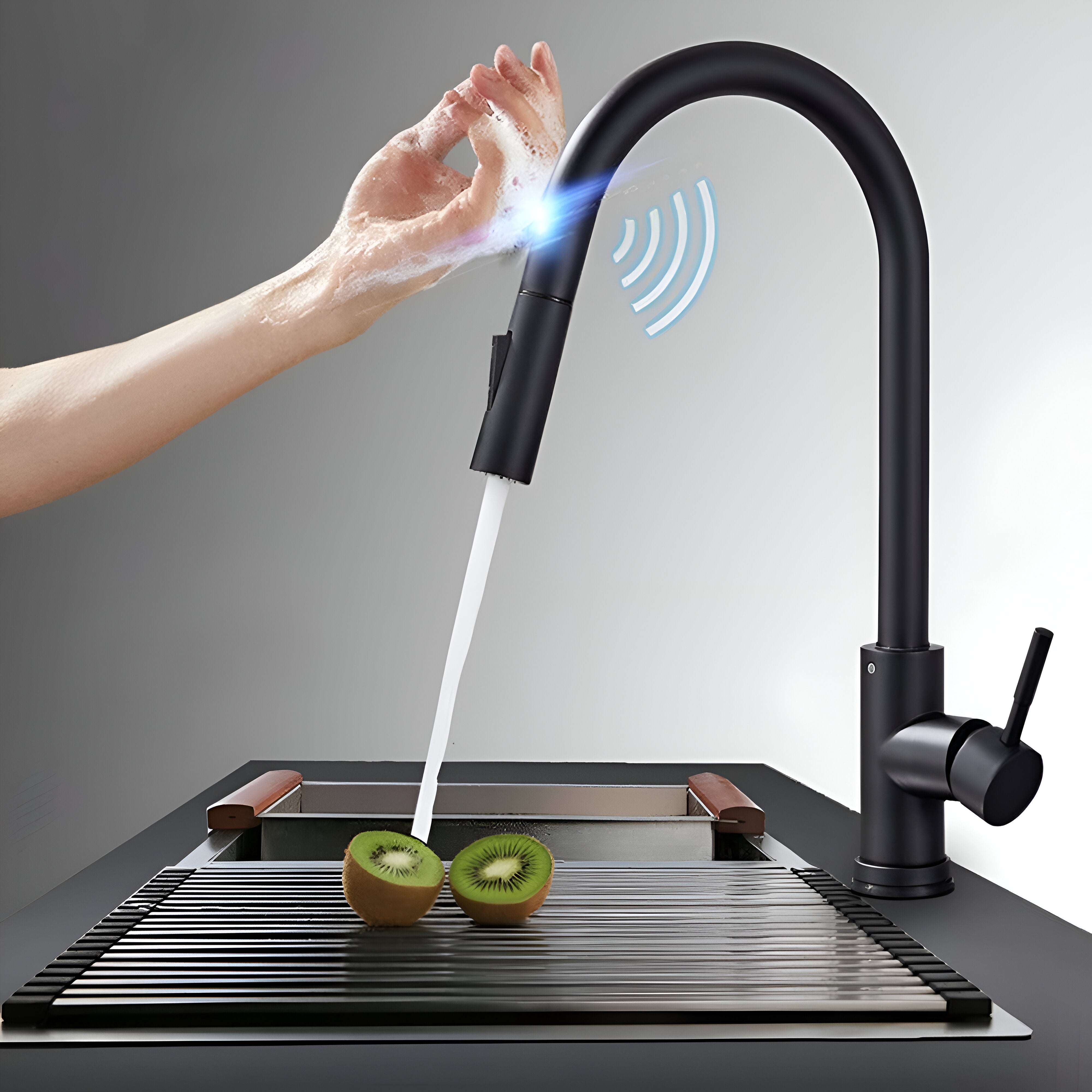 Black modern touch-control kitchen faucet