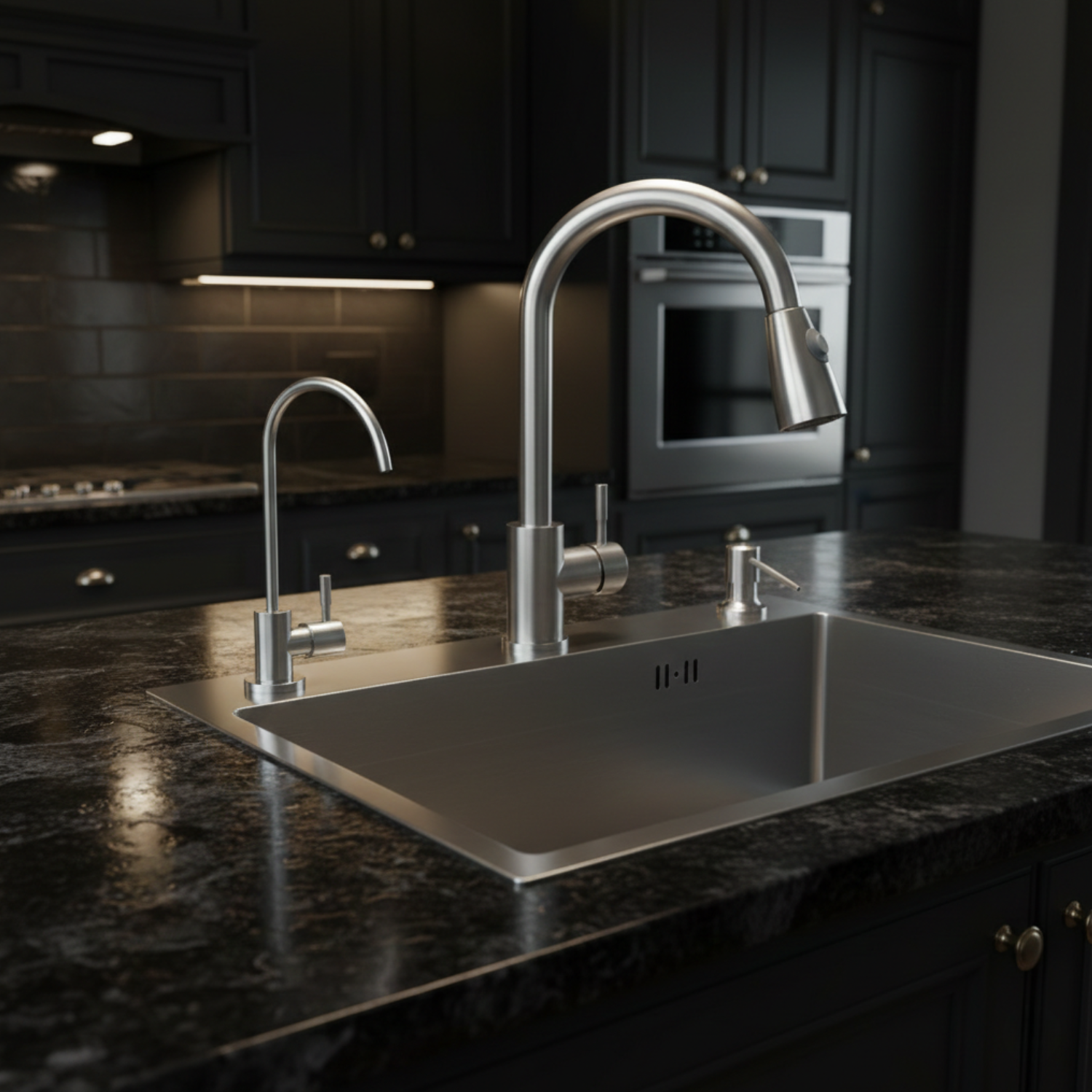 Stainless steel kitchen sink with dual faucet in a darkly lit kitchen.