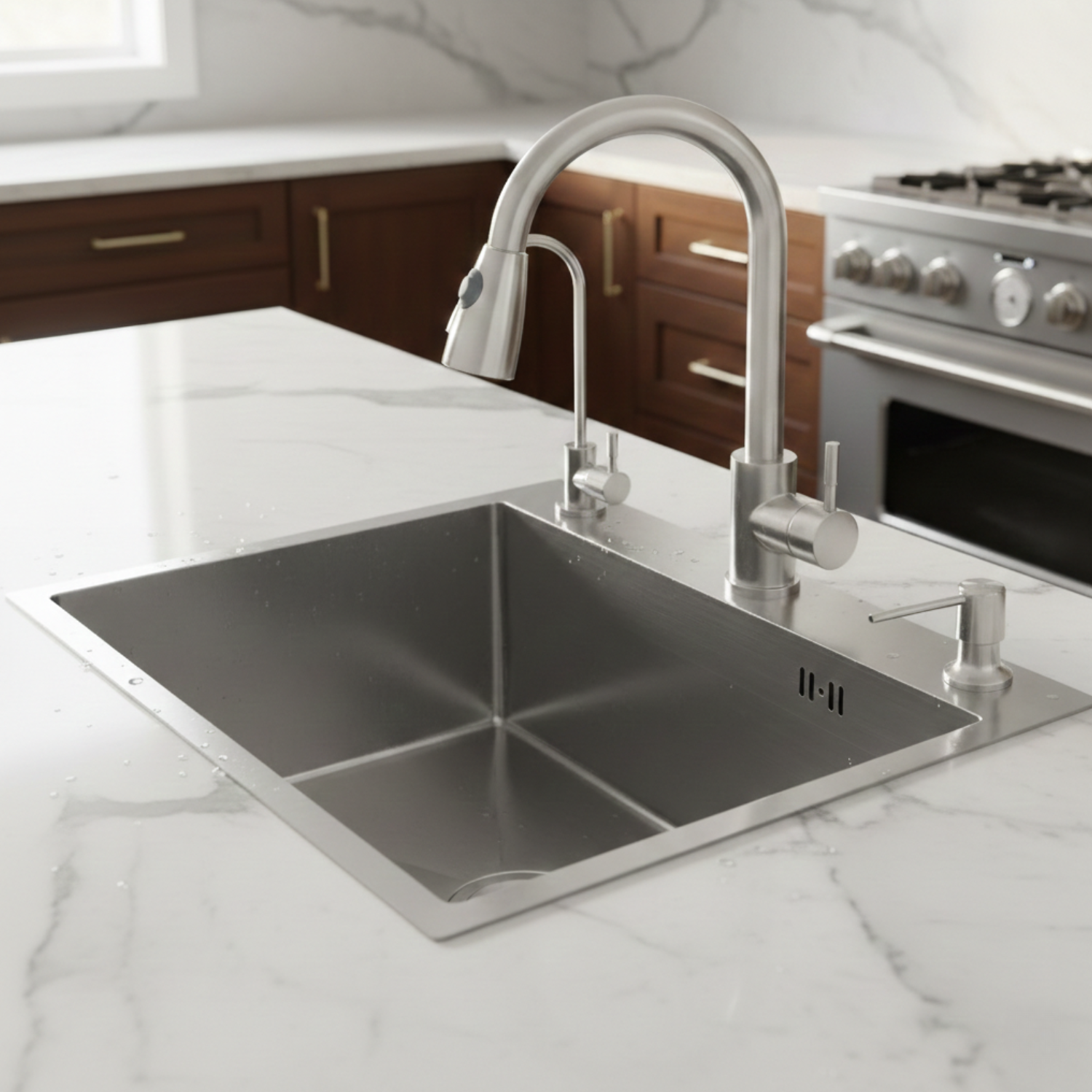 Stainless steel kitchen sink with faucet in a modern kitchen setting
